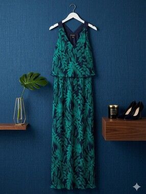 Summer Boho Teal and Black Leaf-Print Maxi Dress Business Casual